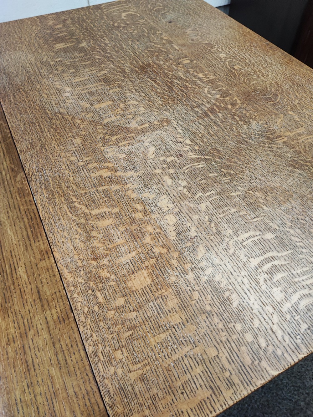 Antique golden oak 2 leaf extending dining table. View VI