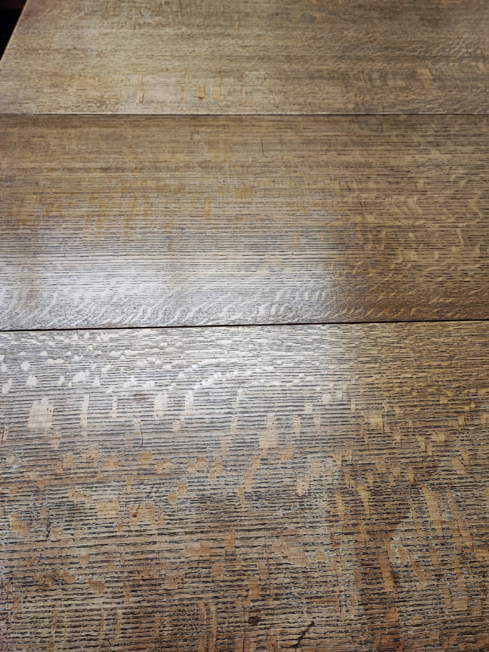 Antique golden oak 2 leaf extending dining table. View IX