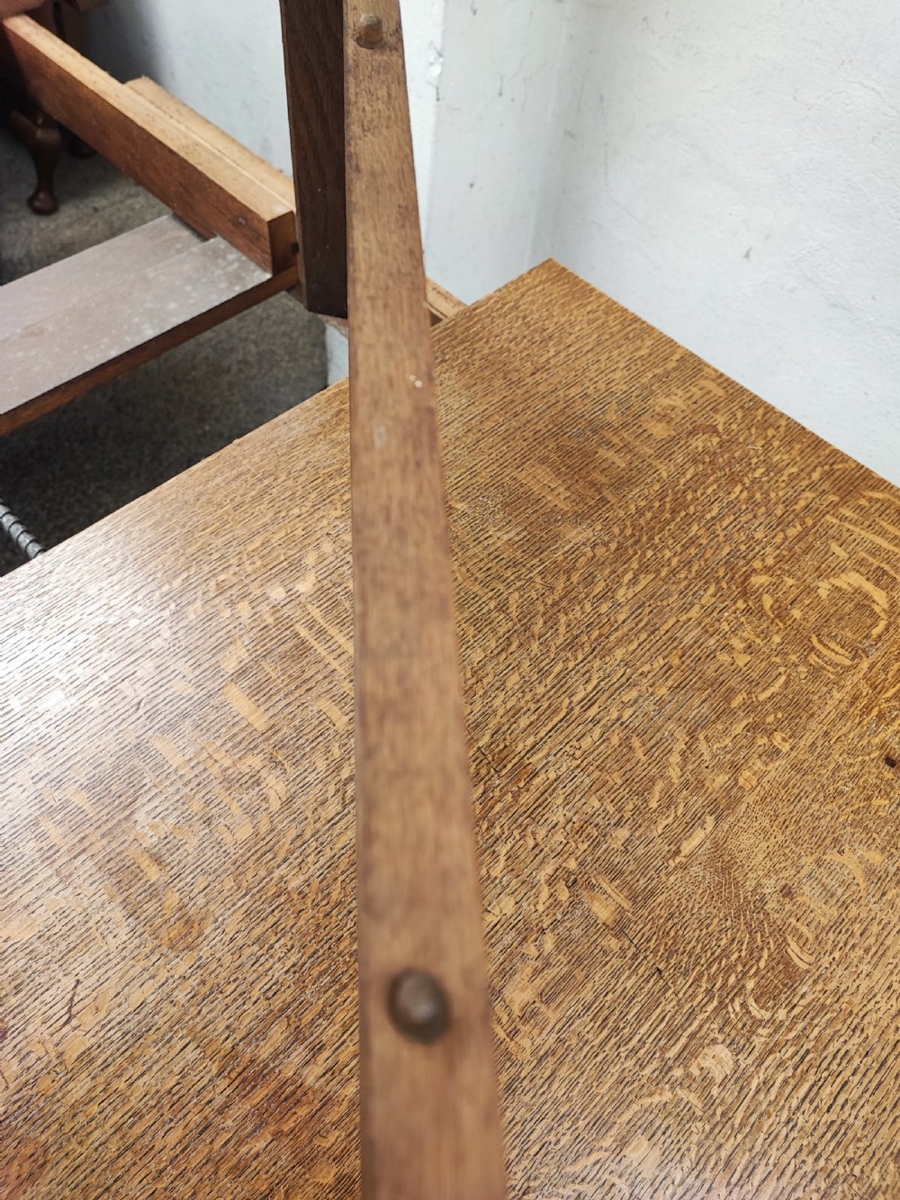 Antique golden oak 2 leaf extending dining table. View X