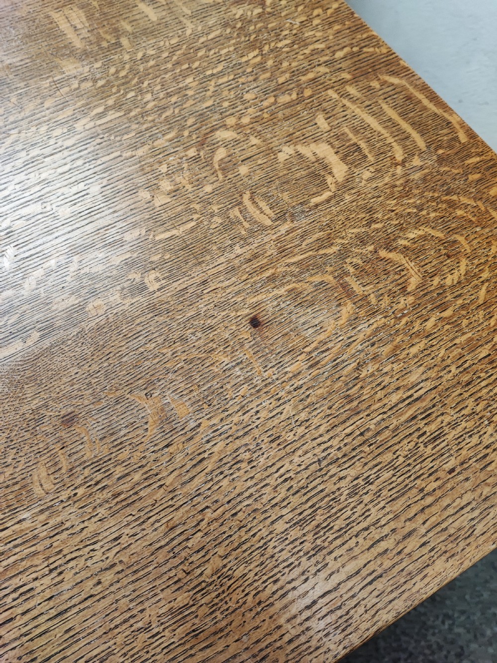 Antique golden oak 2 leaf extending dining table. View XVI