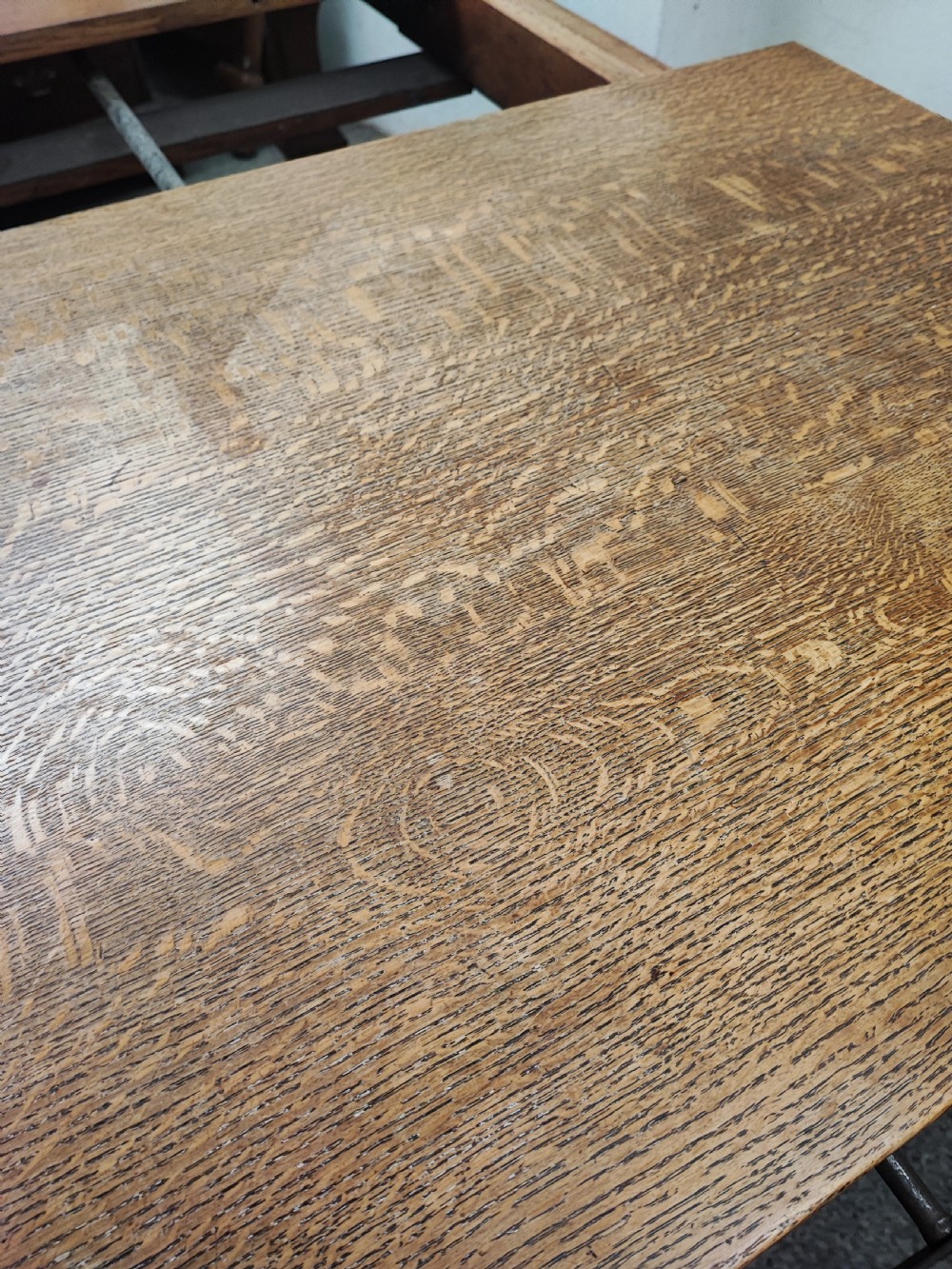 Antique golden oak 2 leaf extending dining table. View XIX