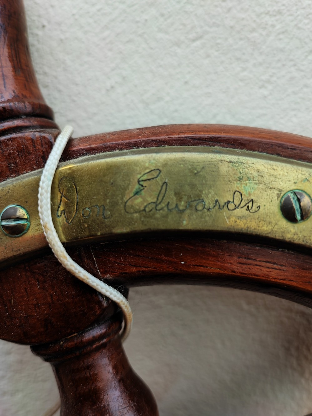 Antique ,teak and brass small ships wheel. View II