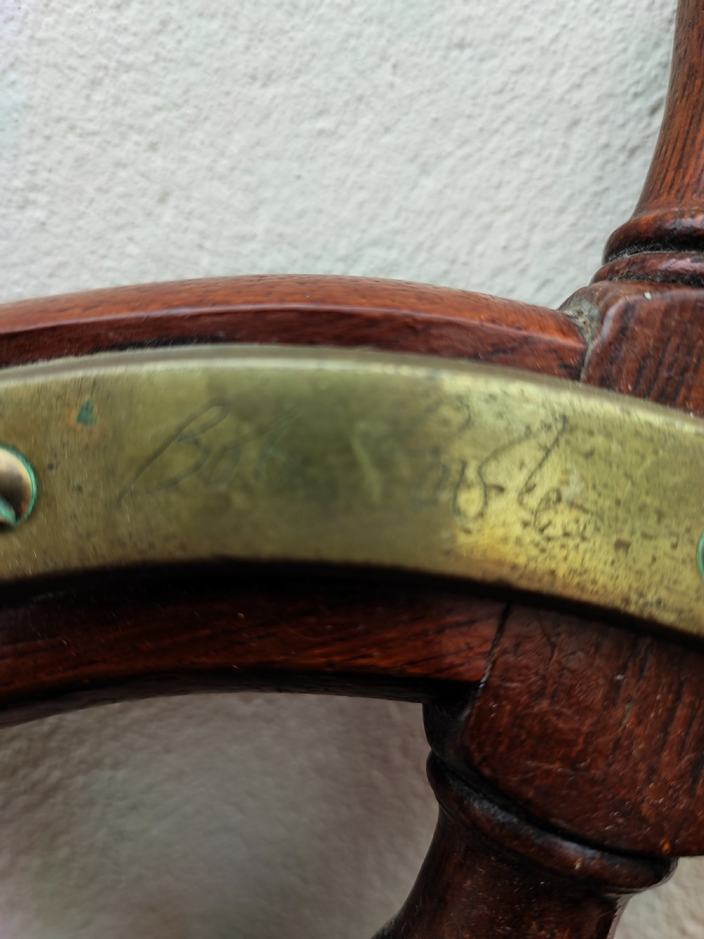 Antique ,teak and brass small ships wheel. View III