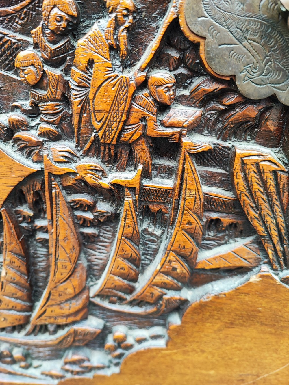 Striking antique carved teak and camphor trunk. View XII