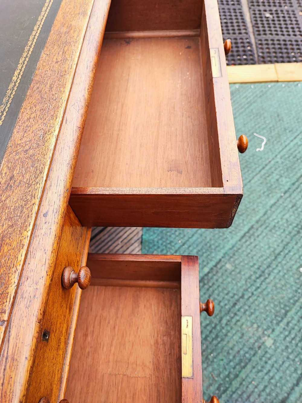 A Victorian oak pedestal desk. View V