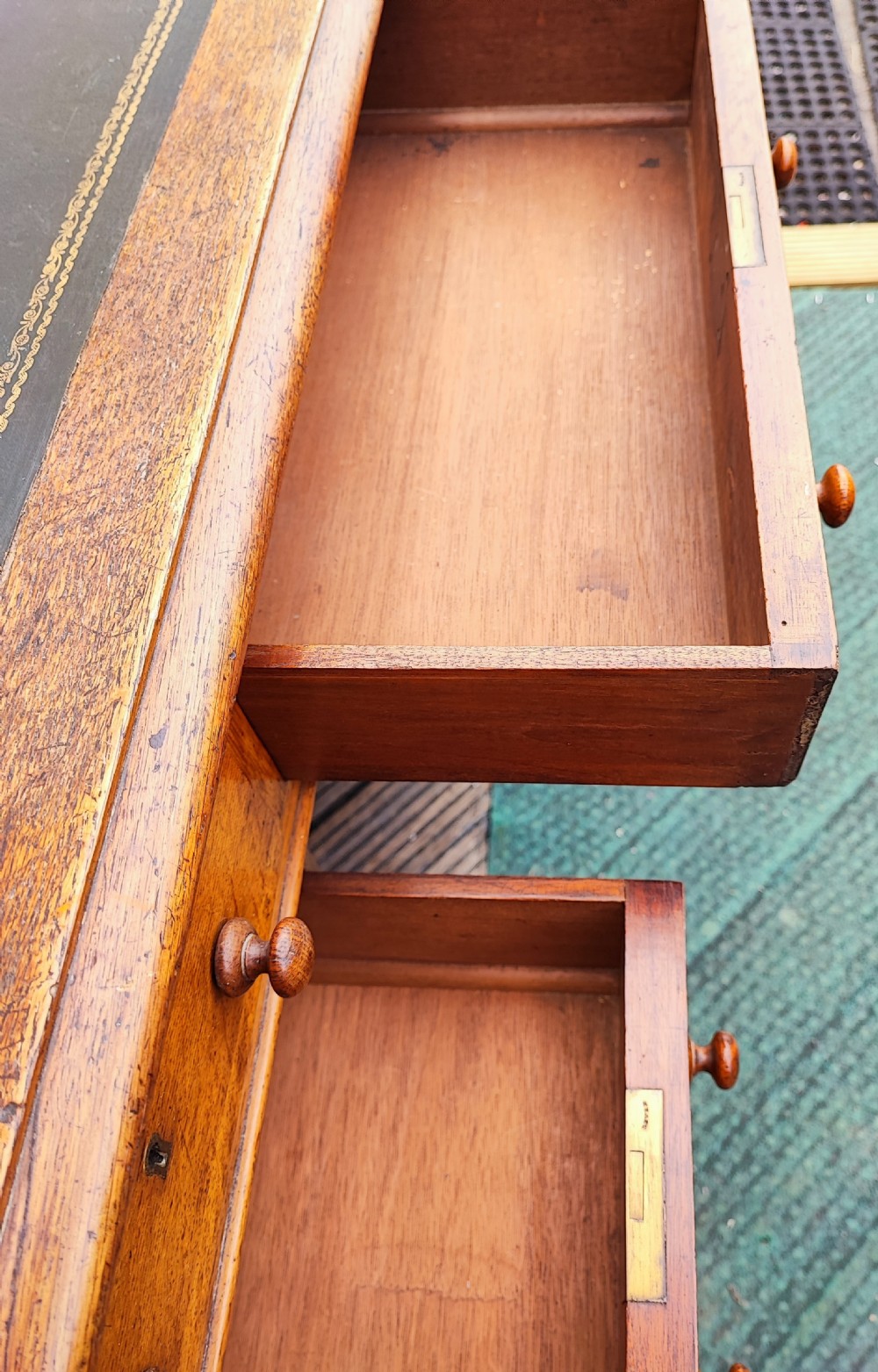 A Victorian oak pedestal desk. View XII