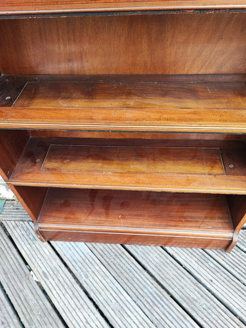 Edwardian inlaid mahogany 3 section open bookcase. View V