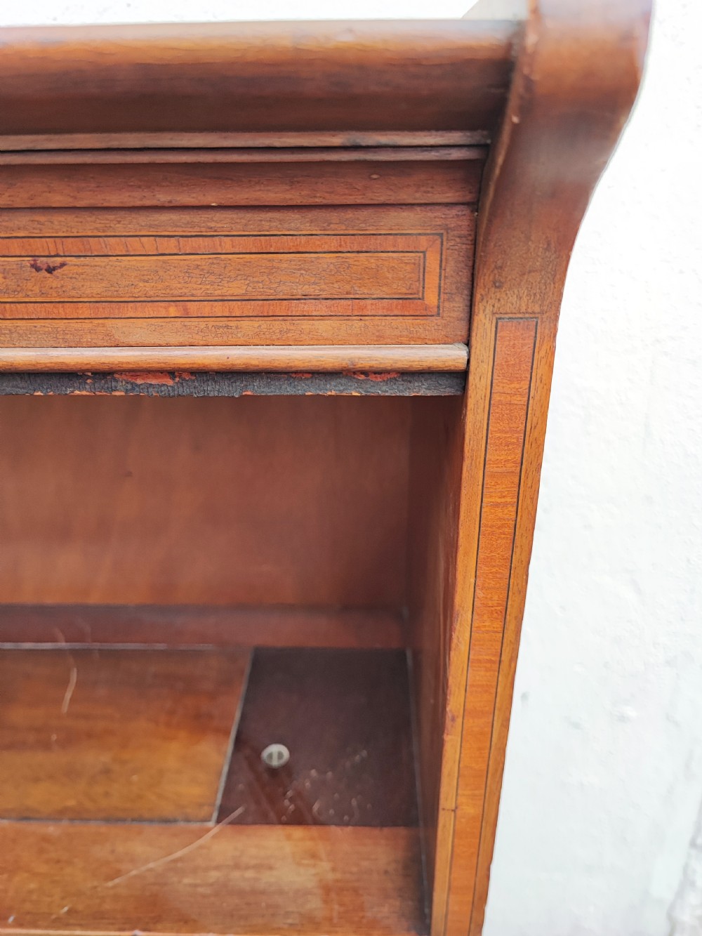 Edwardian inlaid mahogany 3 section open bookcase. View VI