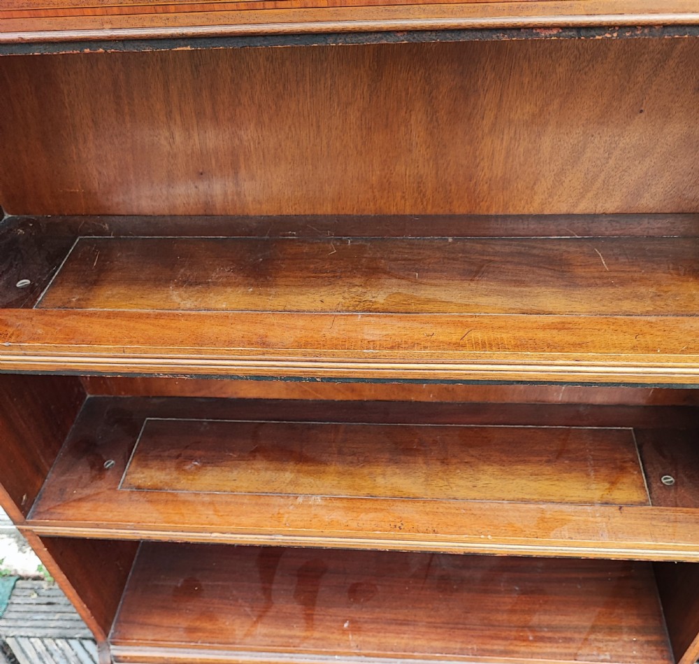Edwardian inlaid mahogany 3 section open bookcase. View VIII