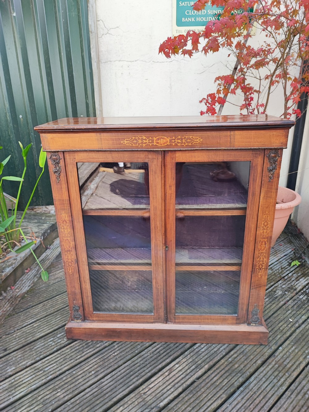 Victorian inlaid and burr walnut 2 door pier display cabinet. View IV