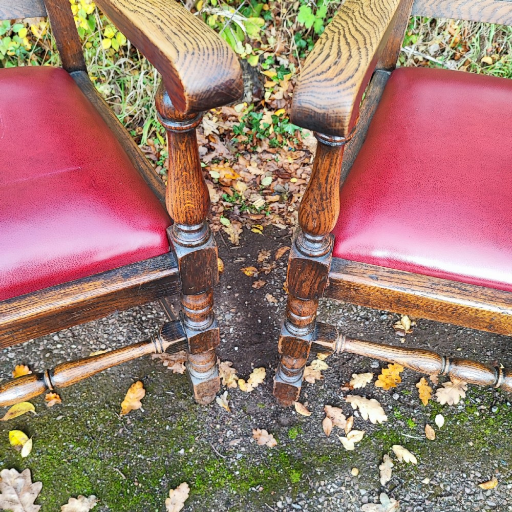 Good antique pair of oak arm chairs  View V