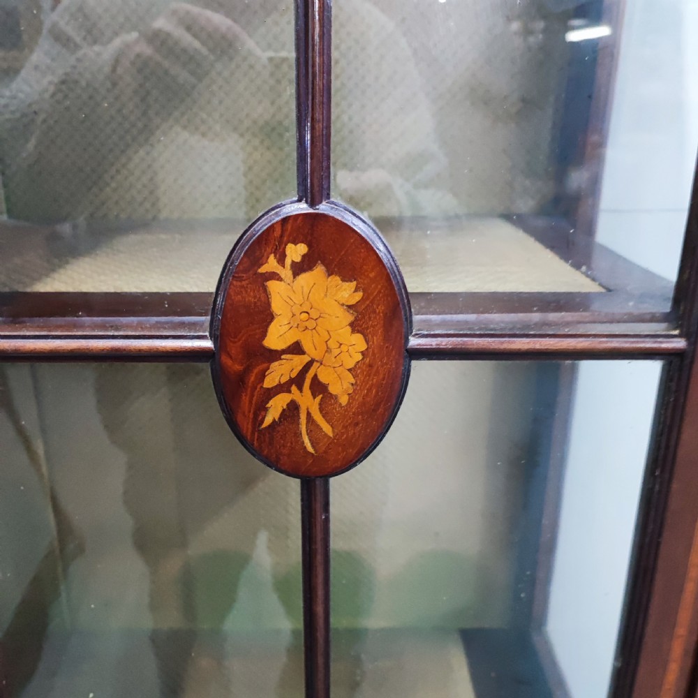 An Edwardian mahogany display cabinet featuring satinwood inlay, glazed doors with central floral motifs, and shaped legs. View II