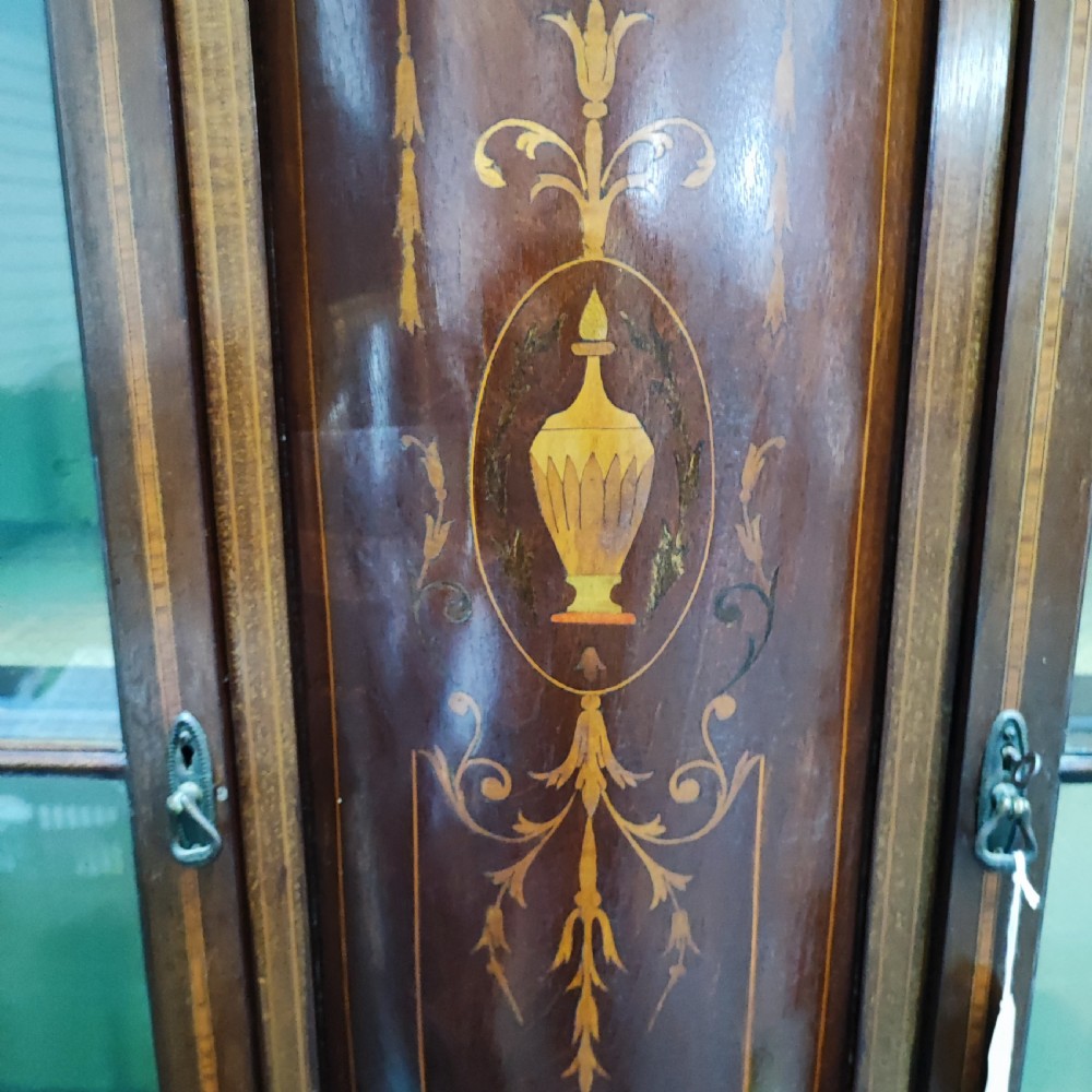 An Edwardian mahogany display cabinet featuring satinwood inlay, glazed doors with central floral motifs, and shaped legs. View IV
