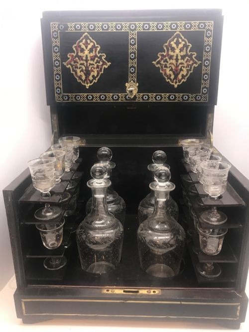 antique french decanters cave a liquor ebonised french tantalus - CATEGORY: ANTIQUE GLASS - DATED 19TH CENTURY