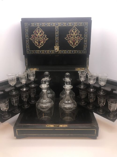 ANTIQUE FRENCH DECANTERS CAVE A LIQUOR EBONISED FRENCH TANTALUS - ADDITIONAL PHOTO 4