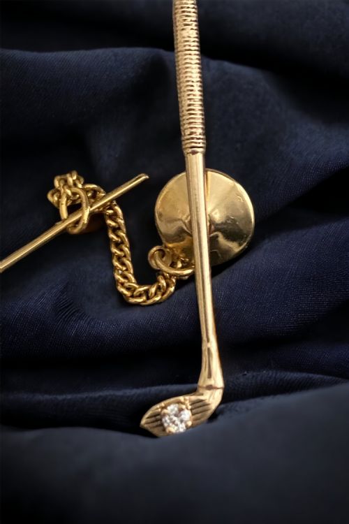 antique novelty gold and diamond tielapel pin - CATEGORY: ANTIQUE JEWELLERY - DATED 1960