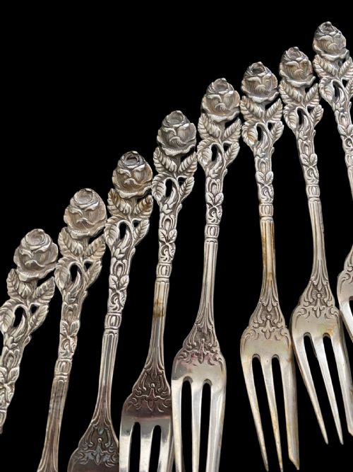 SET OF EIGHT ANTIQUE GERMAN SILVER HILDESHEIM ROSE CAKE FORKS - ADDITIONAL PHOTO 2
