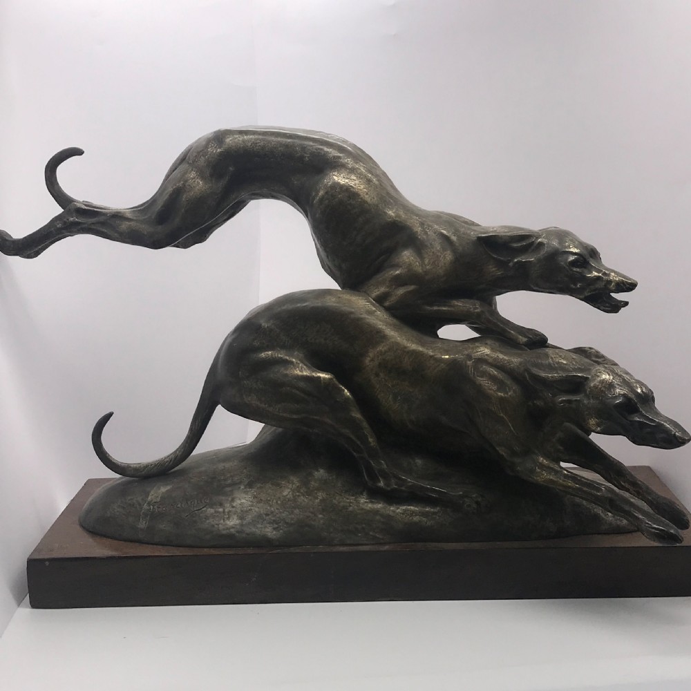 Antique  French bronze of racing/hunting greyhounds by Francisque Joseph Duret