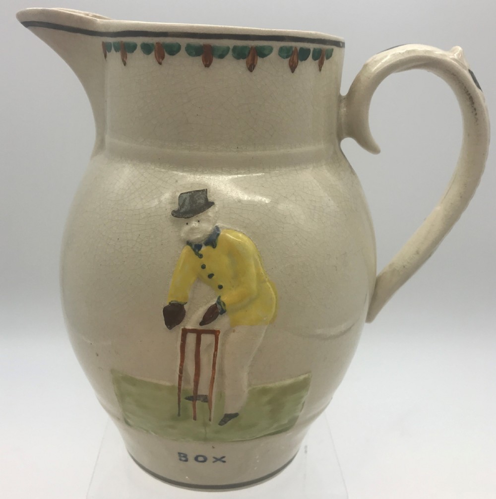 Early/Mid 19th Century Prattware Cricket memorabillia Jug, Clarke, Philch and Box