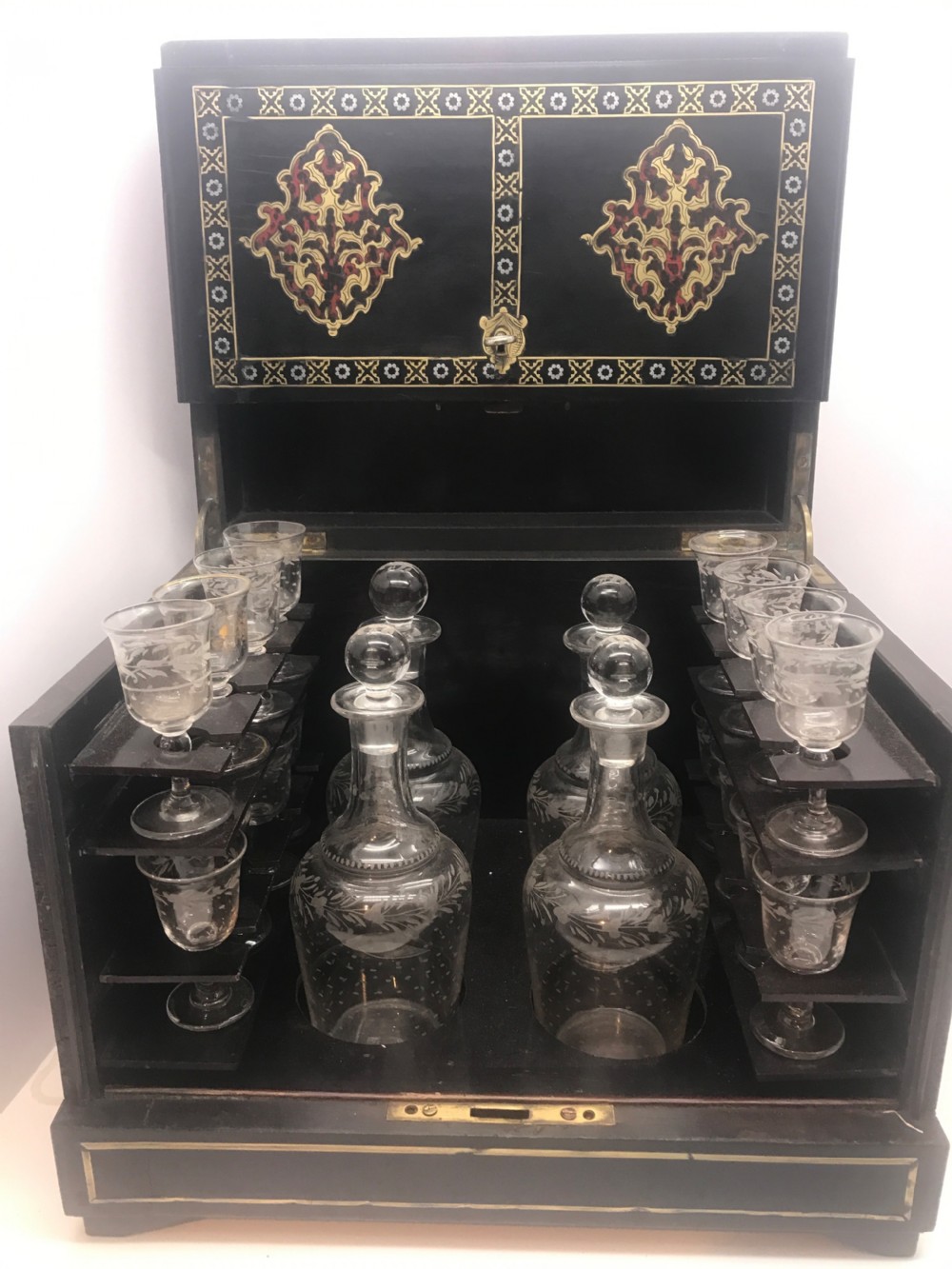 Antique French decanters “cave a liquor” ebonised French Tantalus