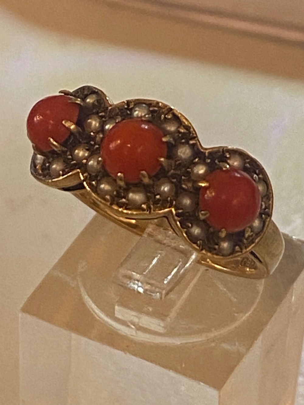 Antique coral and split Pearl ring View III