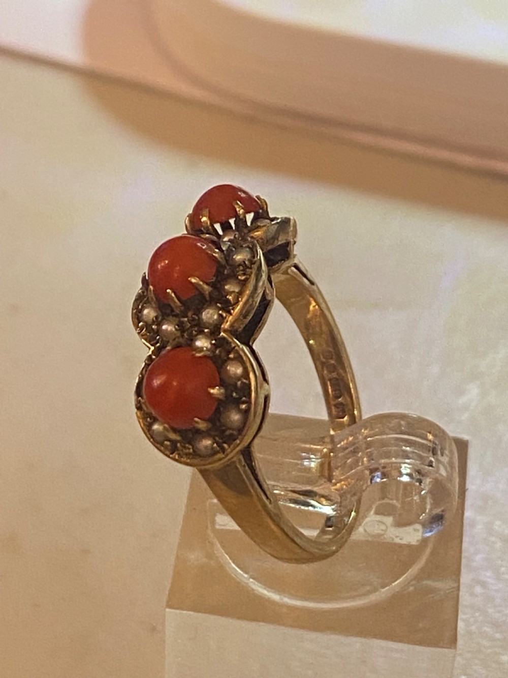 Antique coral and split Pearl ring View IV