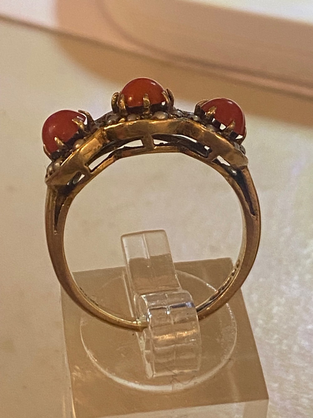 Antique coral and split Pearl ring View V