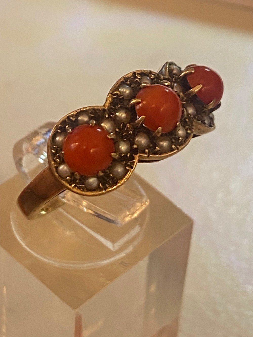 Antique coral and split Pearl ring View VI