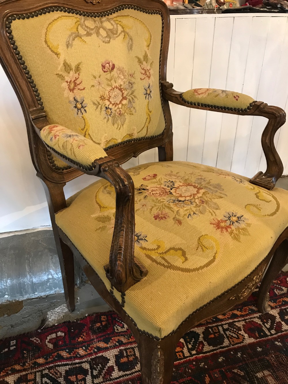 Antique French salon chair petit point tapestry View II