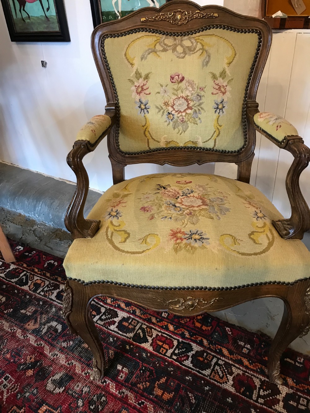 Antique French salon chair petit point tapestry