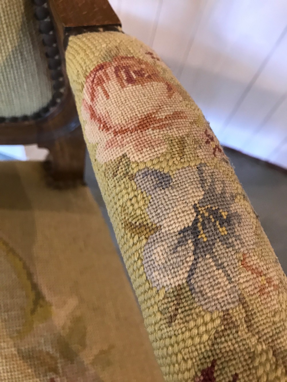 Antique French salon chair petit point tapestry View V