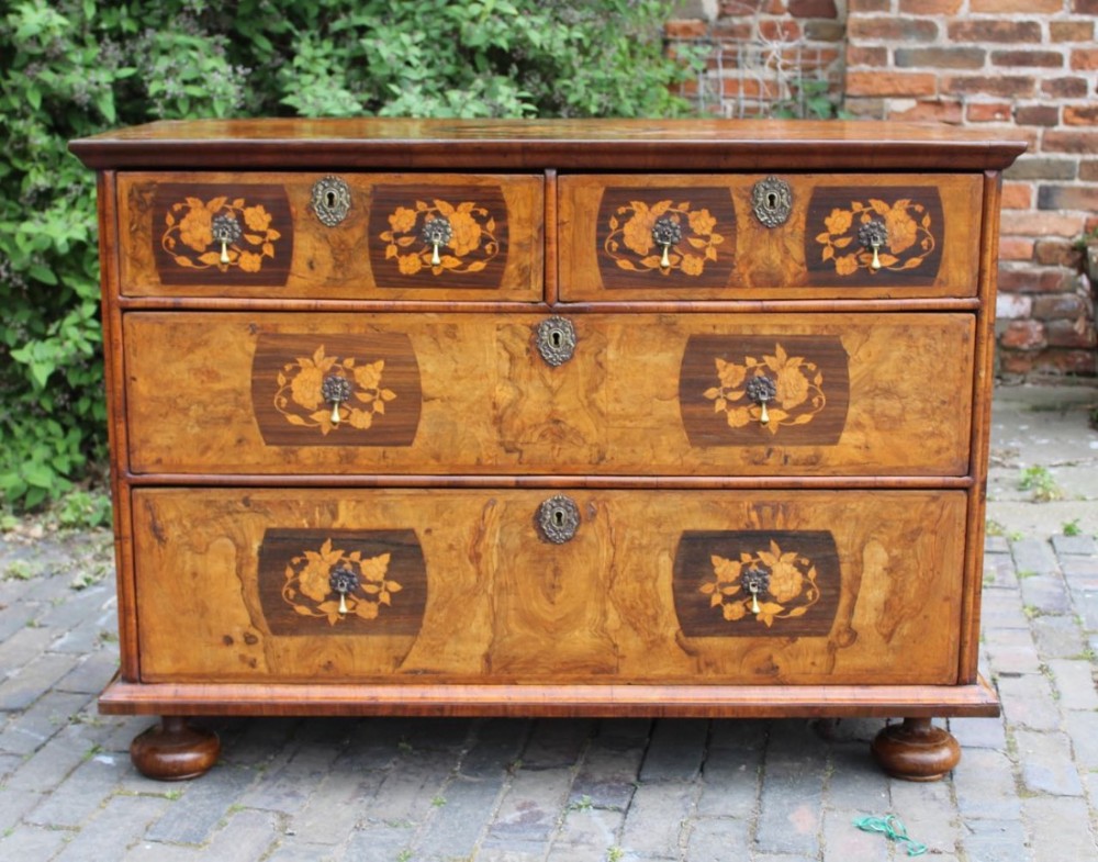 William and Mary Walnut and Marquetry Chest of Drawers