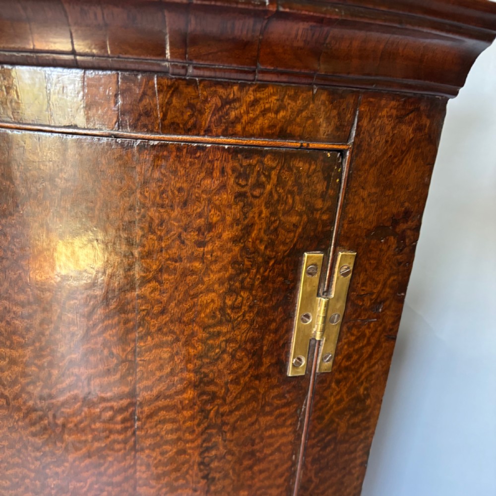 A Georgian bowfront mahogany corner cupboard featuring distinctive plum pudding grain, brass escutcheons, and visible brass H-hinges. View IV