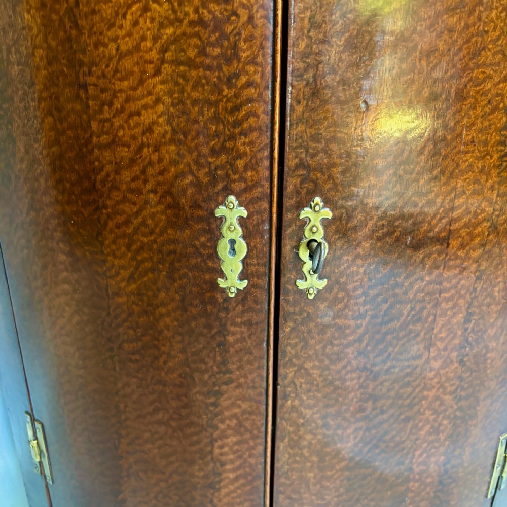 A Georgian bowfront mahogany corner cupboard featuring distinctive plum pudding grain, brass escutcheons, and visible brass H-hinges. View VII
