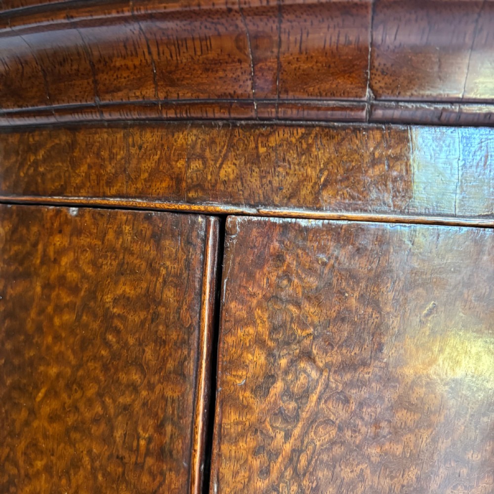 A Georgian bowfront mahogany corner cupboard featuring distinctive plum pudding grain, brass escutcheons, and visible brass H-hinges. View VIII