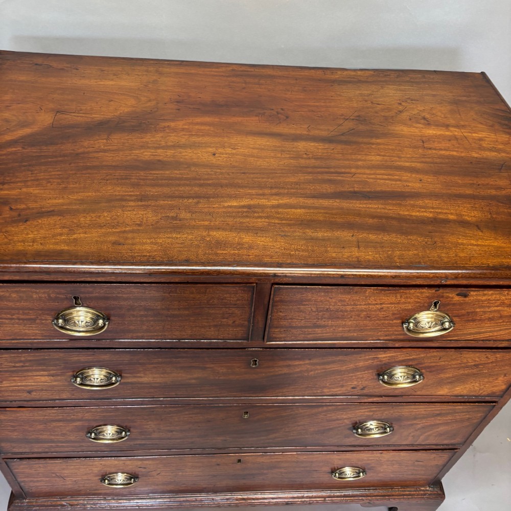 A Georgian George III mahogany chest of drawers featuring two short drawers above three long drawers with oval brass handles and bracket feet. View IV