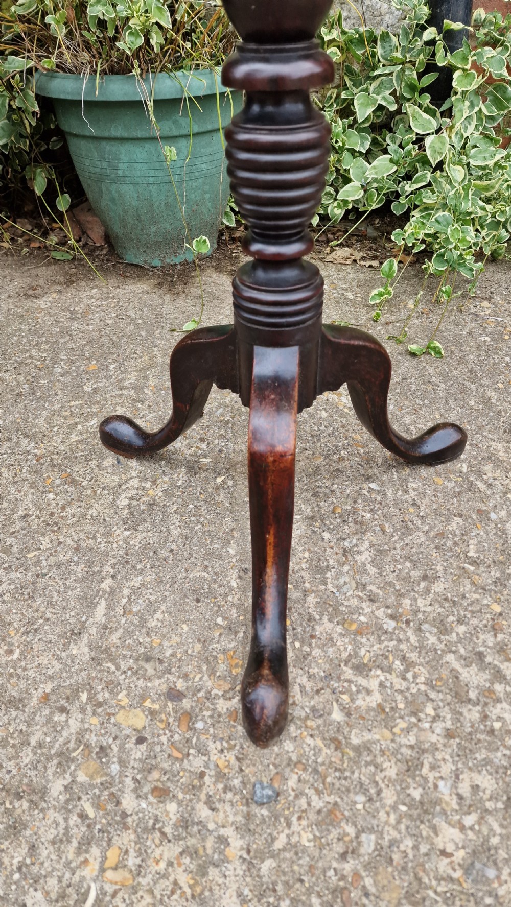 A Georgian fruitwood tilt top wine table with a circular top, turned central column, and tripod cabriole legs on pad feet. View V
