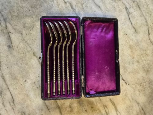 Russian Niello Silver Boxed Set of Six Spoons by Stepan Levin Moscow 1877