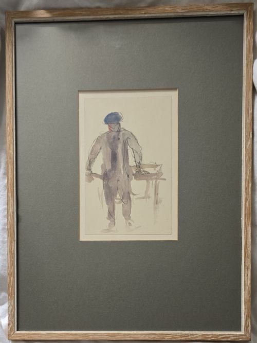 fig 1. An original watercolour and ink figure study on paper depicting a man in a blue cap seen from behind leaning over a surface.