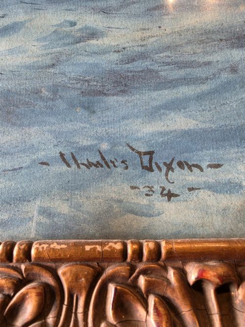 fig 2. A framed 1934 watercolour painting by Charles Edward Dixon featuring a tall sailing ship and a red-sailed vessel navigating choppy blue ocean waters.