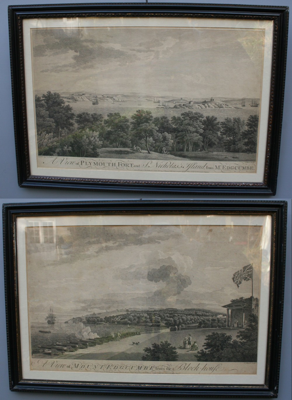 2 x Framed Engravings: A View of Plymouth Fort  from Mt. Edgcumbe and A View of Mount Edgcumbe