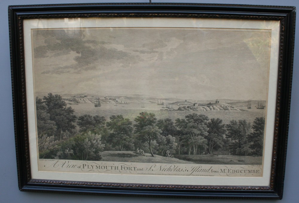 A pair of 18th-century monochrome topographical engravings depicting Plymouth coastal landscapes, presented in dark ebonised wooden frames. View III
