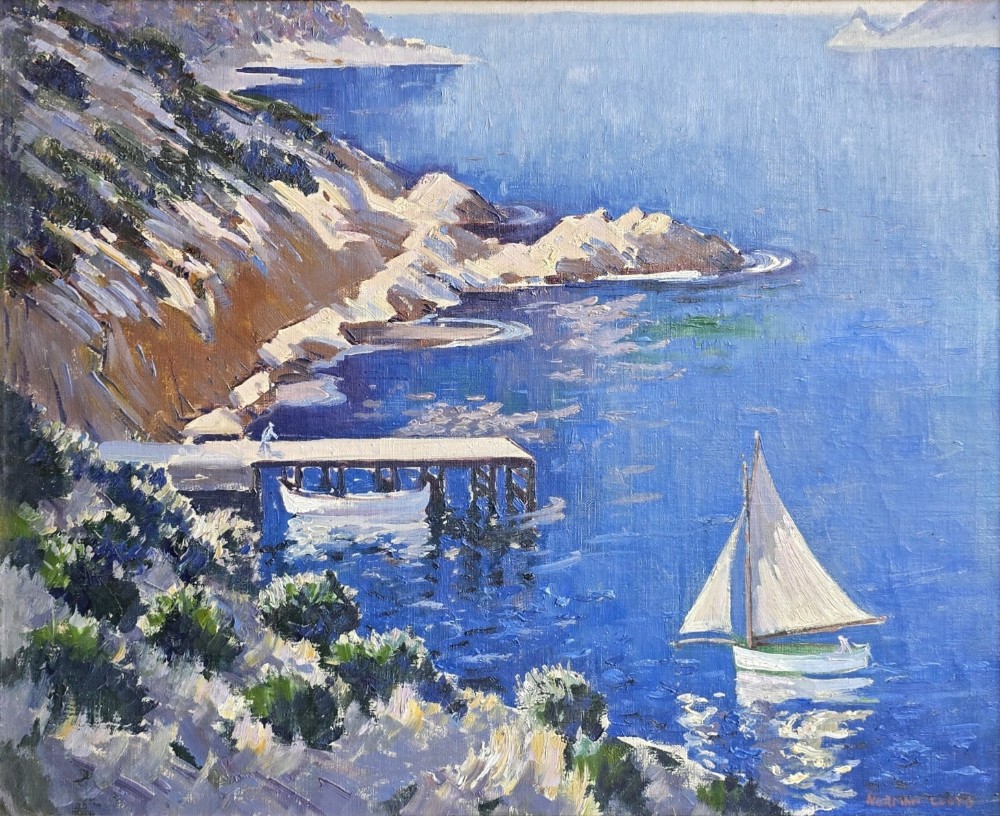 An impressionist oil painting depicting a bright blue coastal bay with rocky cliffs, a wooden jetty, and a sailboat.