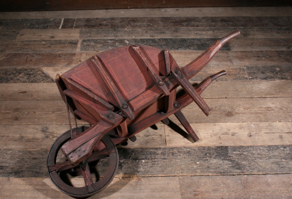 Antique Folk Art Childs Wheel Barrow in Original Paint View II