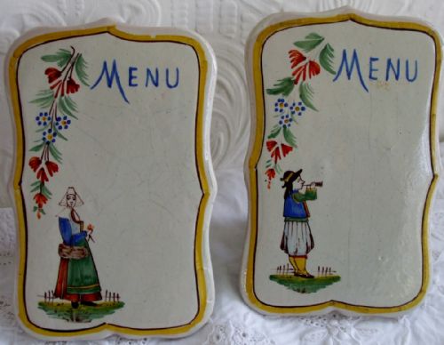 Pair of Antique Hr Quimper French Faience Menu Holders