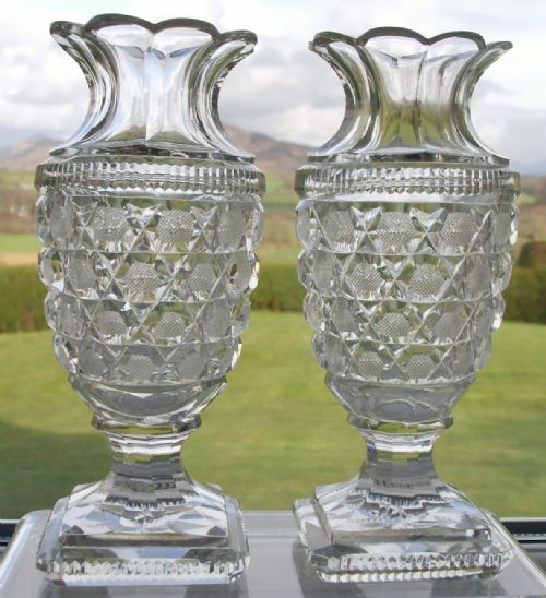 Pair of Antique English Georgian Cut Glass Vases