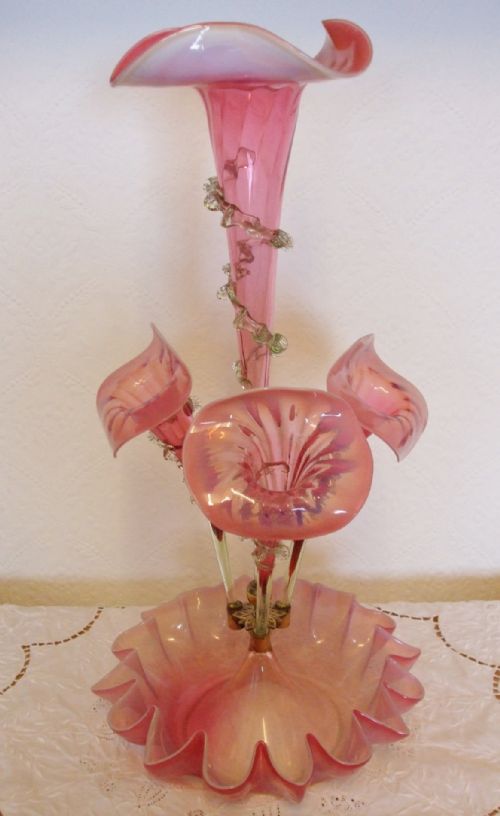 Antique English Victorian Pink Vaseline Glass Jack-in-the-pulpit Epergne
