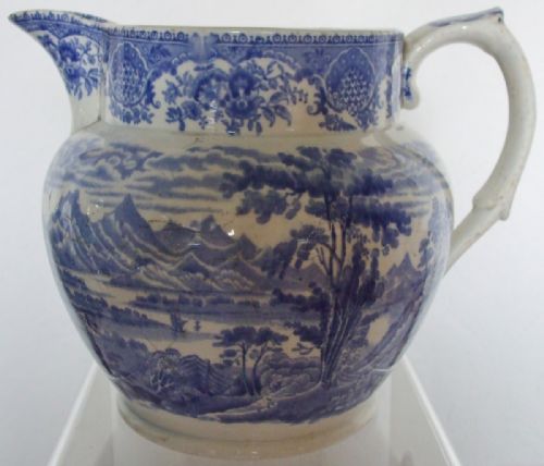 Antique English Victorian Blue and White Transfer "Loch Creran with Barcaldine Castle" Pattern Pottery Jug ~ John Meir and Son of Tunstall