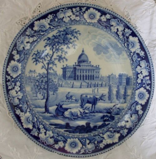 Antique English Georgian Blue and White Transfer "Boston State House" Pattern Pottery Soup Plate ~ John Rogers and Son