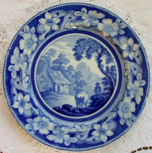 Antique English Georgian Blue and White Transfer "The Cowman" Pattern Pottery Plate